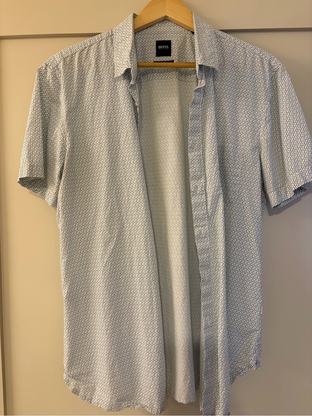 Boss Short-Sleeve Button-Down Shirt in Light Blue Micro Print